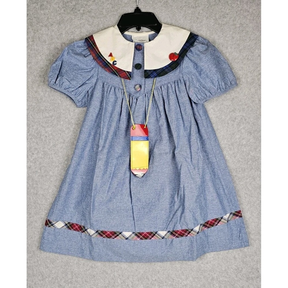 Bonnie Jean Vtg 90s Girl's Chambray Plaid ABC School Dress Cottagecore USA Sz 6x